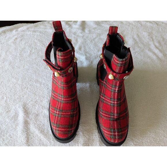 Sugar Favorite 4 plaid combat/ankle rhinestone/pearl strap boot Sz 8M - Picture 9 of 10
